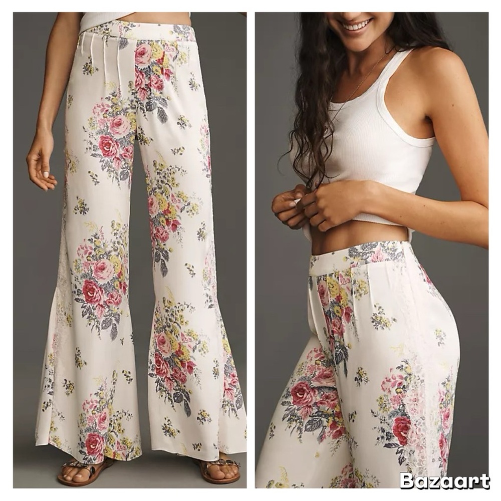 NWT By Anthropologie Floral Lace Silky Flare Pants Sz 8 - Picture 2 of 16